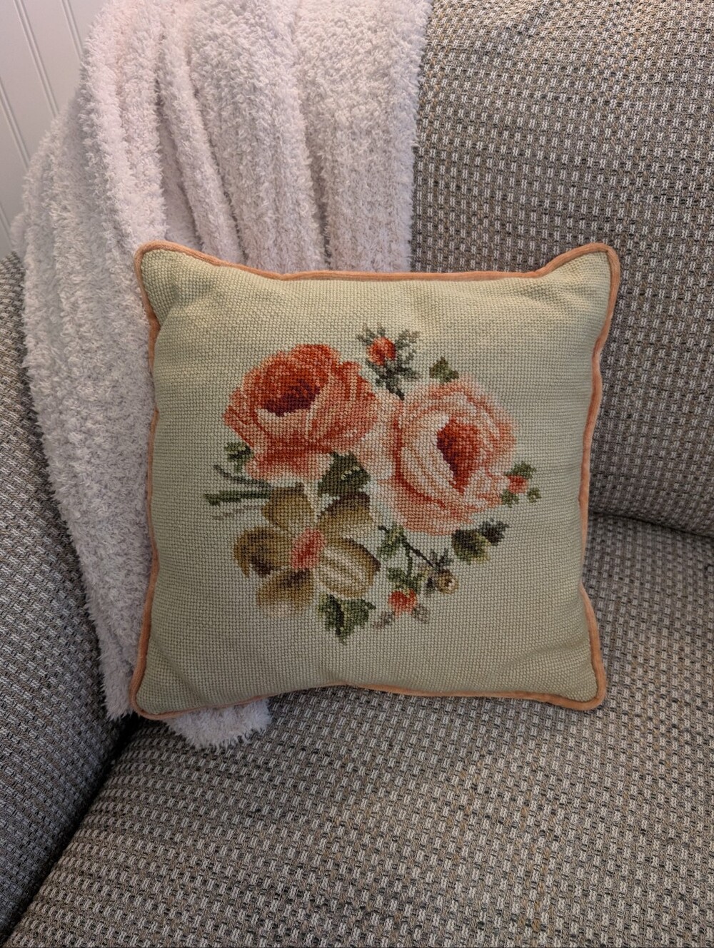 Vintage Needlepoint Floral Accent Pillow | Peach Velvet Back | 12" x 12"